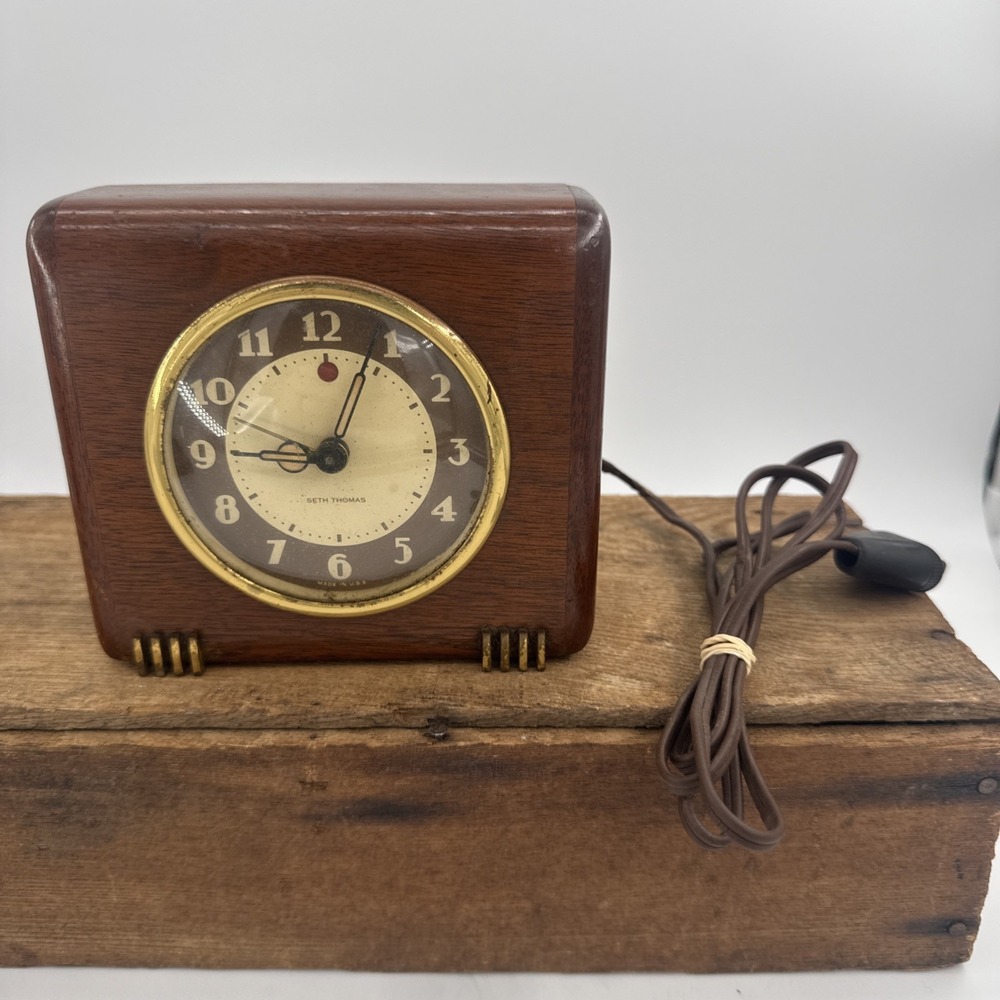Vintage Seth Thomas MCM Wood Desk Clock Model ECHO-3E Works Electric w/Alarm